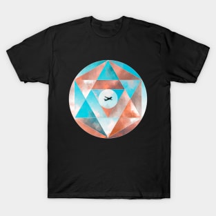 Geometric collage of airplane with cloudy sky oil painting T-Shirt